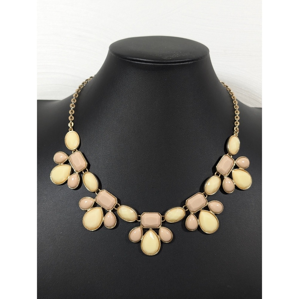 Yellow Beige Faceted Cabochon Oval Statement Necklace Boho Coastal Chic 21 in